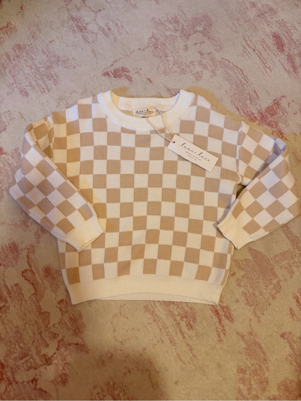 NWT Luna + Luca Kids Checkerboard Knit Sweater - Cream & Tan